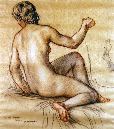 Studie ženského aktu sedícího zezadu, kolem roku 1890 (uhl, červená a bílá křída na papíře) od William Strang
