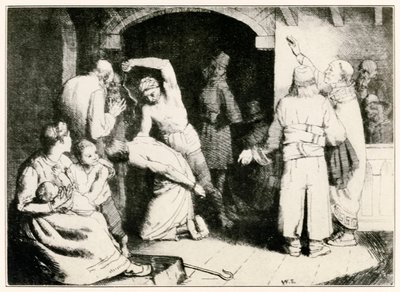 Bičování věrných z Poutníci postupují z tohoto světa k tomu, co má přijít John Bunyan (1628-1688) ilustrace William Strang (1859-1921) Věrný je po svém soudu mučen od William Strang