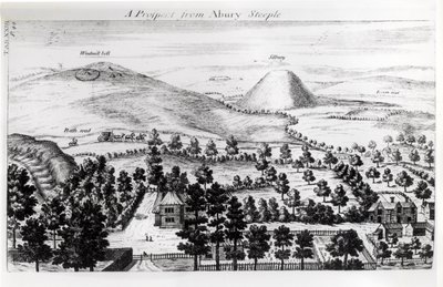 Pohled z Avebury věže Silbury Hill, ilustrace z „Stonehenge: Chrám obnovený britským druidům“ od Williama Stukeleyho, 1740 od William Stukeley