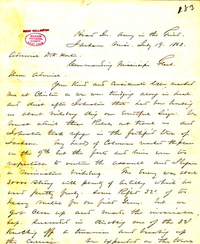 Dopis W. T. Shermana, ředitelství, Army in the Field, Jackson, Mississippi, [Davidovi D.] Porterovi, 19. července 1863 od William T. Sherman
