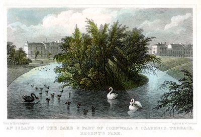 Ostrov na jezeře a část Cornwallu a Clarence Terraces, Regents Park, Londýn, 1828. od William Tombleson