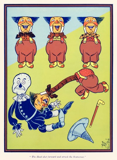 "Hlava vystřelila dopředu a zasáhla strašáka." z "The Wonderful Wizard of Oz" od L. Franka Bauma od William Wallace Denslow