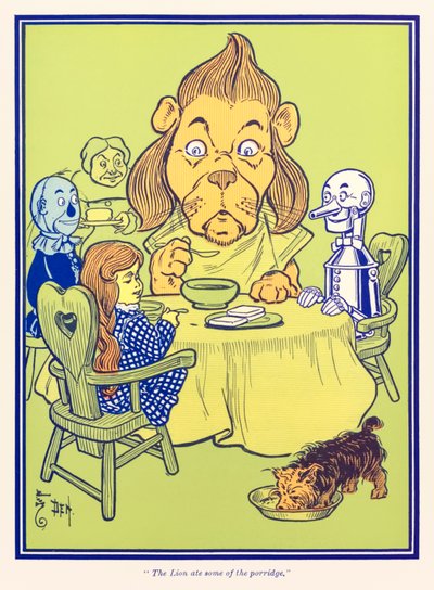"Lev snědl trochu kaše." z "The Wonderful Wizard of Oz" od L. Franka Bauma od William Wallace Denslow