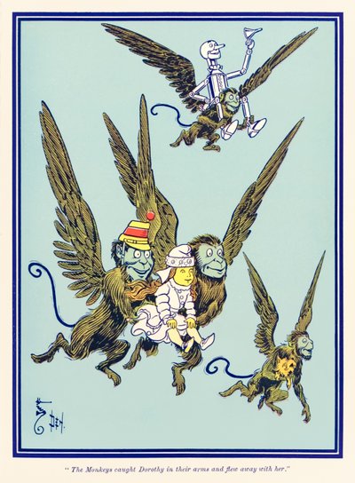 Opice chytily Dorotku do náruče a odletěly s ní pryč. z knihy L. Franka Bauma Čaroděj ze země Oz. od William Wallace Denslow