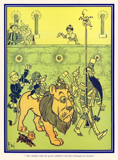 Voják se zelenými vousy je vedl ulicemi. z knihy L. Franka Bauma Čaroděj ze země Oz. od William Wallace Denslow