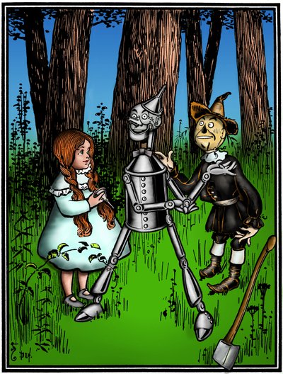 Čaroděj ze země Oz: kresba Denslowa, William Wallace (1856-1919) pro první vydání v roce 1900 knihy Franka Bauma (1856-1919) - Dorothee (Dorothy) s asistencí strašáka, pomohla dřevorubci z pocínovaného plechu - od William Wallace Denslow