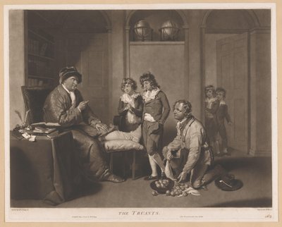 Muž nadává dětem a klečícímu muži s hruškami The Truants (název na objektu) od William Ward