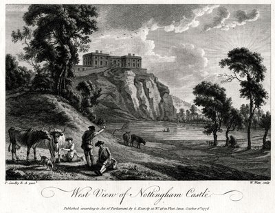 Západní pohled na hrad Nottingham, Nottinghamshire, 1776 od William Watts