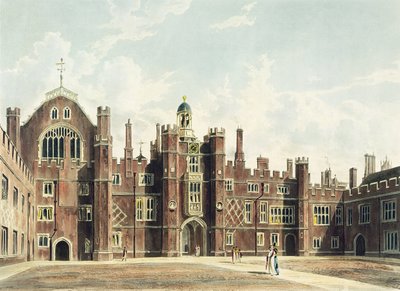 Pohled na nádvoří paláce Hampton Court z Pyneovy knihy "Královská sídla", kterou vyryl Thomas Sutherland (nar. asi 1785) a která byla vydána v roce 1819. od William Westall