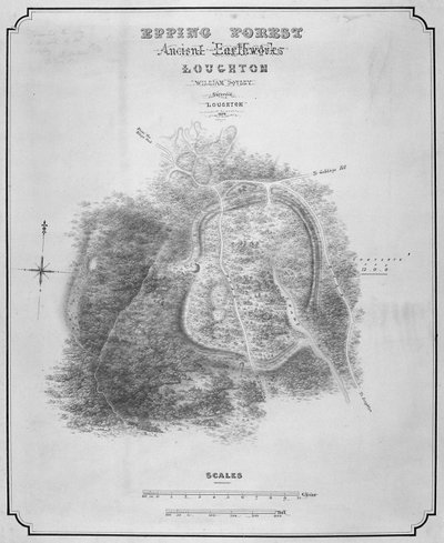 Mapa starověkých zemních prací v Loughton Camp vytvořená kolem roku 52 našeho letopočtu v Epping Forest, Essex, 1876 od William d