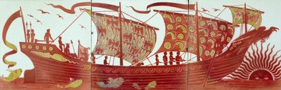 Tři dlaždice zobrazující loď plující při západu slunce (keramika) od William de Morgan