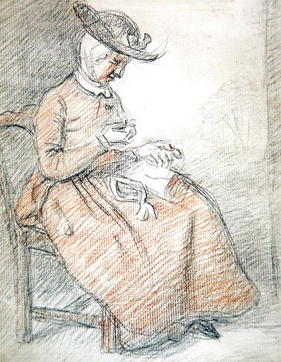 Šití žena v sedě (červená a černá křída na papíře) od William of Bath Hoare