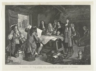 William III drží válečnou radu v rybářské chýši, 1688 Válečná rada po vylodění Prince of Orange (název na objektu) od Williamson