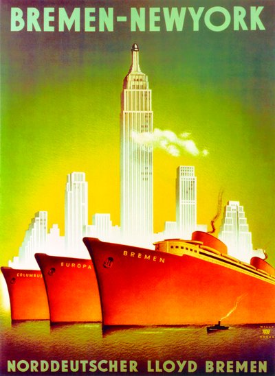 "Brémy - New York", reklamní plakát společnosti North German Lloyd Line od Willy Hanke
