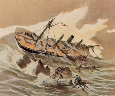 Potopení dělového člunu "Iltis" (barevná litografie) od Willy Stower