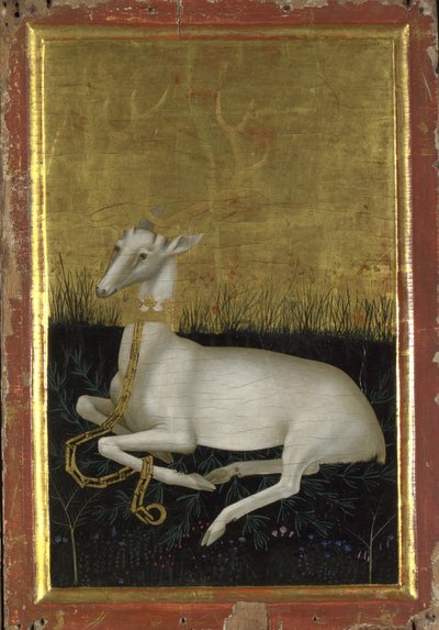 Bílý jelen okovaný s korunou kolem krku Vnější panel Wiltonova diptychu, mezi 1395 a 1399 od Wilton Master