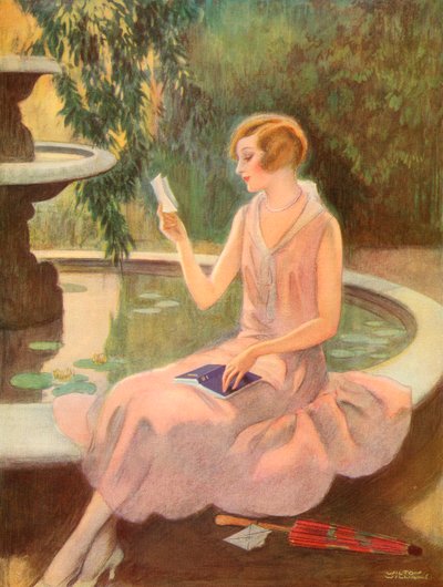 Mladá žena čte milostný dopis u fontány, cca 1925 (sítotisk) od Wilton Williams