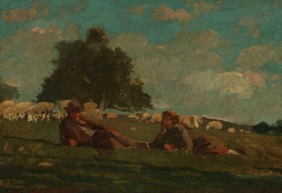 Chlapec a dívka na poli s ovcemi od Winslow Homer