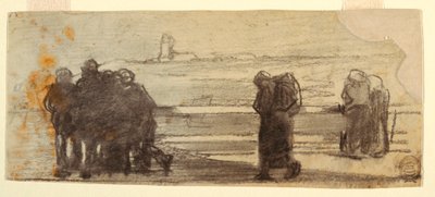 Kresba, Postavy s výhledem na záliv a malou loďku, Cullercoats, Anglie, 1881-82 od Winslow Homer