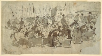 Kresba, Šestý jízdní pluk generála McClellana nastupuje v Alexandrii do Old Point Comfort, 2. dubna 1862 od Winslow Homer