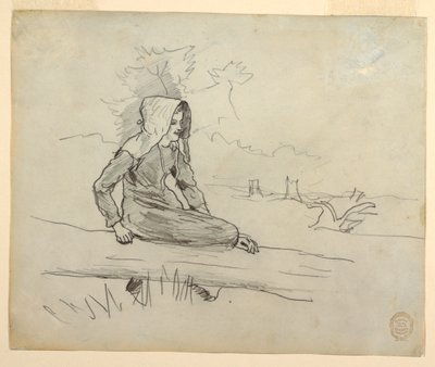 Kresba, Dívka sedící na kmeni stromu, 1879 od Winslow Homer