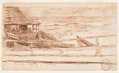 Kresba, Dům u zábradlí s plážovými dory, Cullercoats, Anglie, 1881 od Winslow Homer