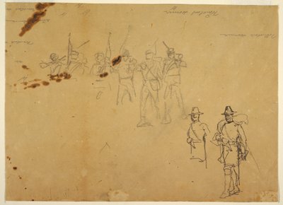 Kresba, náčrty jednotlivých pěších postav a cvičné podpisy, 1862 od Winslow Homer