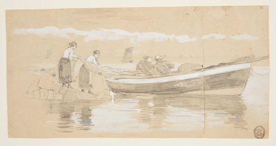 Rybář a ženy ukládají sítě v Beached Dory, Cullercoats, Anglie od Winslow Homer