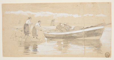 Rybář a ženy ukládají sítě v Beached Dory, Cullercoats, Anglie od Winslow Homer