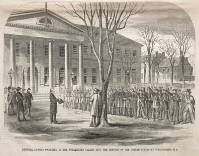 Generál Thomas skládá přísahu dobrovolníkům povolaným do služeb Spojených států ve Washingtonu, D.C. od Winslow Homer