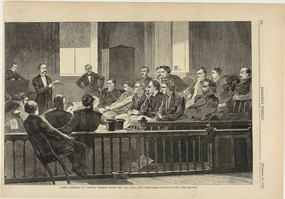 Porotci naslouchající obhájci, Nejvyšší soud, New City Hall, New York od Winslow Homer