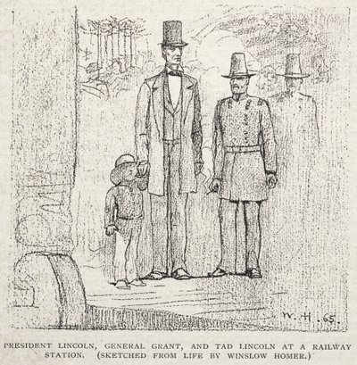 Prezident Lincoln, generál Grant a Tad Lincoln na železniční stanici, 1887. od Winslow Homer