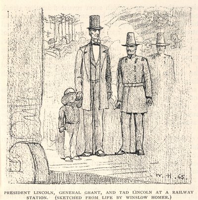 Prezident Lincoln, generál Grant a Tad Lincoln na nádraží, z časopisu The Century, listopad 1887 od Winslow Homer