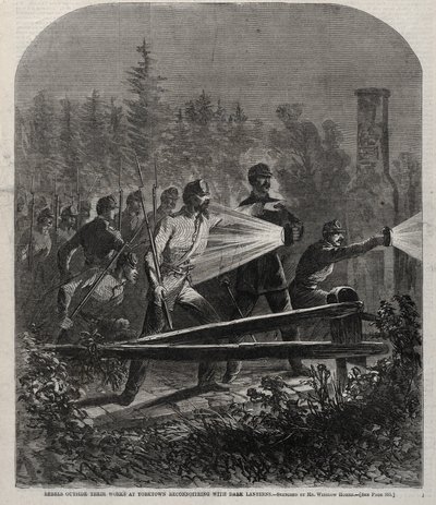 Rebelové mimo svá díla v Yorktown Reconnoitering with Dark Lanterns, 1862. od Winslow Homer