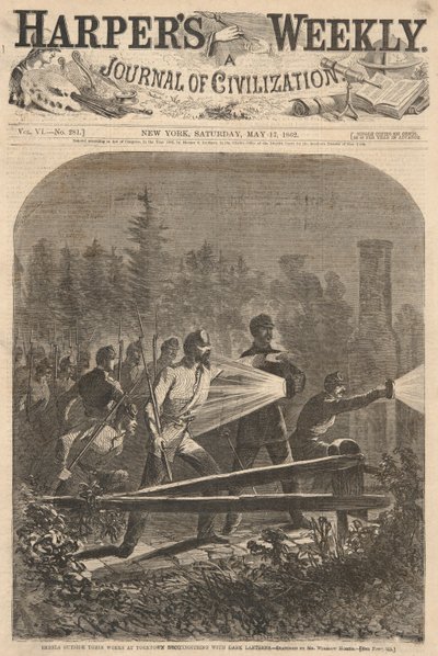 Rebelové mimo svá díla v Yorktown Reconnoiting with Dark Lanterns, od Harper od Winslow Homer