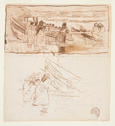 Dvě studie žen stojících za zábradlím, pohled na uvedení Dories, Cullercoats, Anglie od Winslow Homer