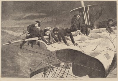 Winter at Sea - Taking in Sail Off the Coast, publikoval 1869. od Winslow Homer