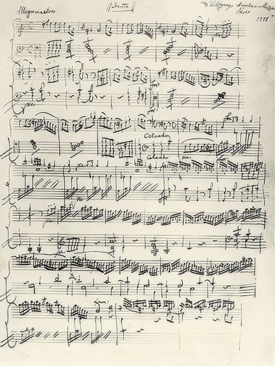 Začátek klavírní sonáty a moll. KV310. Autogram. 1778 od Wolfgang Amadeus Mozart
