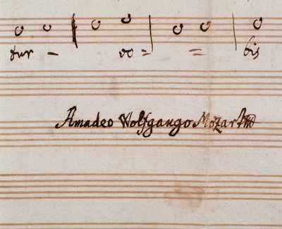 Detail skladatelova podpisu na notové stránce Querite primum regnum Dei od Mozarta k získání titulu Accademico filarmonico (1770) od Wolfgang Amadeus Mozart