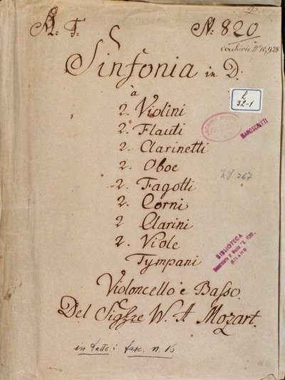 První strana notového záznamu k Symfonii č. 4 v D od Mozarta od Wolfgang Amadeus Mozart
