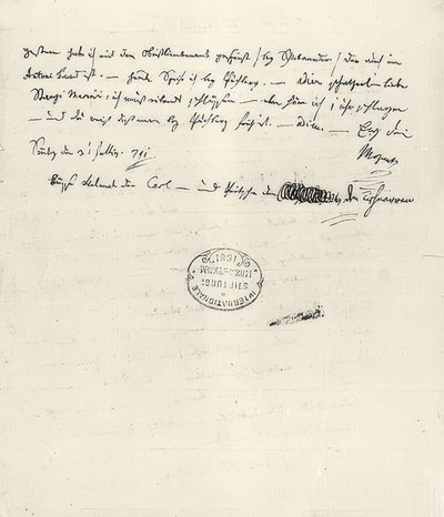 Wolfgang Amadeus Mozart (1756-1791) rakouský hudební skladatel. Ručně psaný dopis své ženě Constanze. 31. července 1791 od Wolfgang Amadeus Mozart