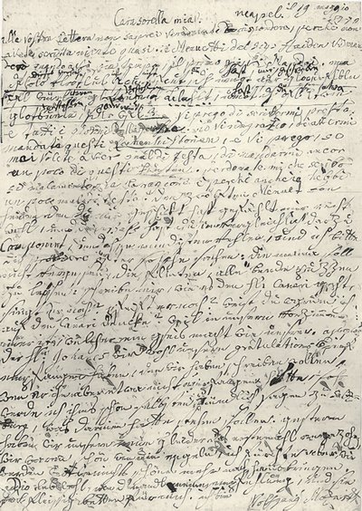 Wolfgang Amadeus Mozart (1756-1791) rakouský hudební skladatel. Ručně psaný dopis jeho sestře Nannerl. Neapol 19. března 1770 od Wolfgang Amadeus Mozart