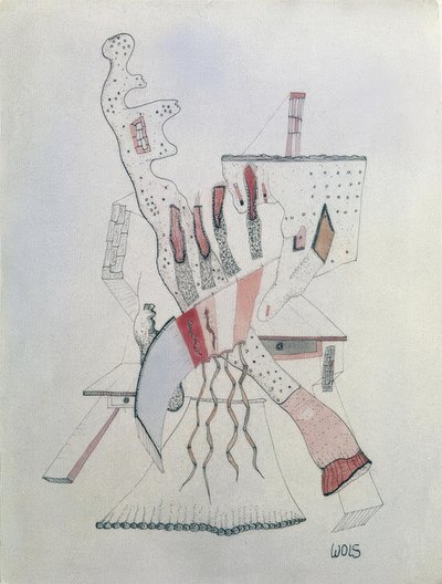 Postava opřená o dva stoly od Wols