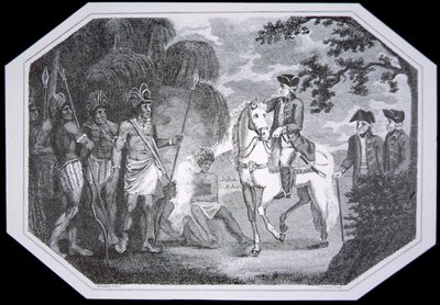 Generál Burgoyne a Indiáni v roce 1777, vyrytý J. Taylorem, z „Dějiny Anglie“ od Davida Humea a Tobiase Smolletta, vydáno Londýn od Woodruff (after)