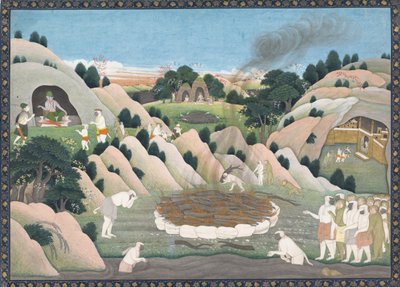 Pohřební pyramida opičího krále Valiho: Ilustrované folio z rozptýlené série Rámájana, ca. 1780. od Workshop active in the First generation