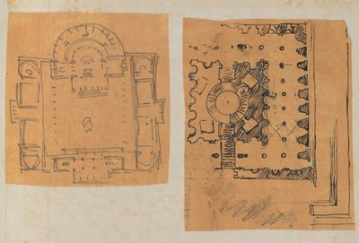 Stránka z Scrapbook obsahující kresby a několik tisků architektury, Int..., ca. 1800-1850. Tvůrci: Workshop Charlese Perciera, Workshop Pierra Françoise Léonarda Fontaina. od Workshop of Charles Percier, Workshop of Pierre