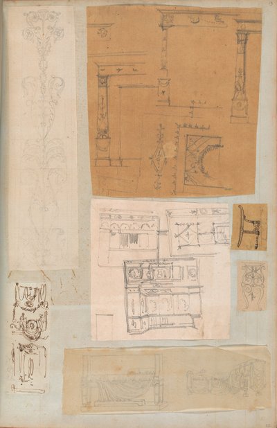 Stránka z Scrapbook obsahující kresby a několik tisků architektury, Int..., ca. 1800-1850. Tvůrci: Workshop Charlese Perciera, Workshop Pierra Françoise Léonarda Fontaina. od Workshop of Charles Percier, Workshop of Pierre