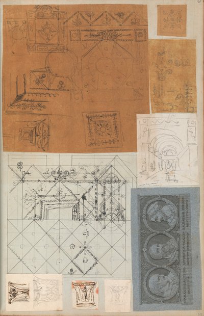 Stránka z Scrapbook obsahující kresby a několik tisků architektury, Int..., ca. 1800-1850. Tvůrci: Workshop Charlese Perciera, Workshop Pierra Françoise Léonarda Fontaina. od Workshop of Charles Percier, Workshop of Pierre