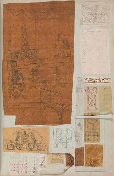 Stránka z Scrapbook obsahující kresby a několik tisků architektury, Int..., ca. 1800-1850. Tvůrci: Workshop Charlese Perciera, Workshop Pierra Françoise Léonarda Fontaina. od Workshop of Charles Percier, Workshop of Pierre