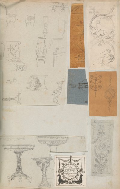 Stránka z Scrapbook obsahující kresby a několik tisků architektury, Int..., ca. 1800-1850. Tvůrci: Workshop Charlese Perciera, Workshop Pierra Françoise Léonarda Fontaina. od Workshop of Charles Percier, Workshop of Pierre